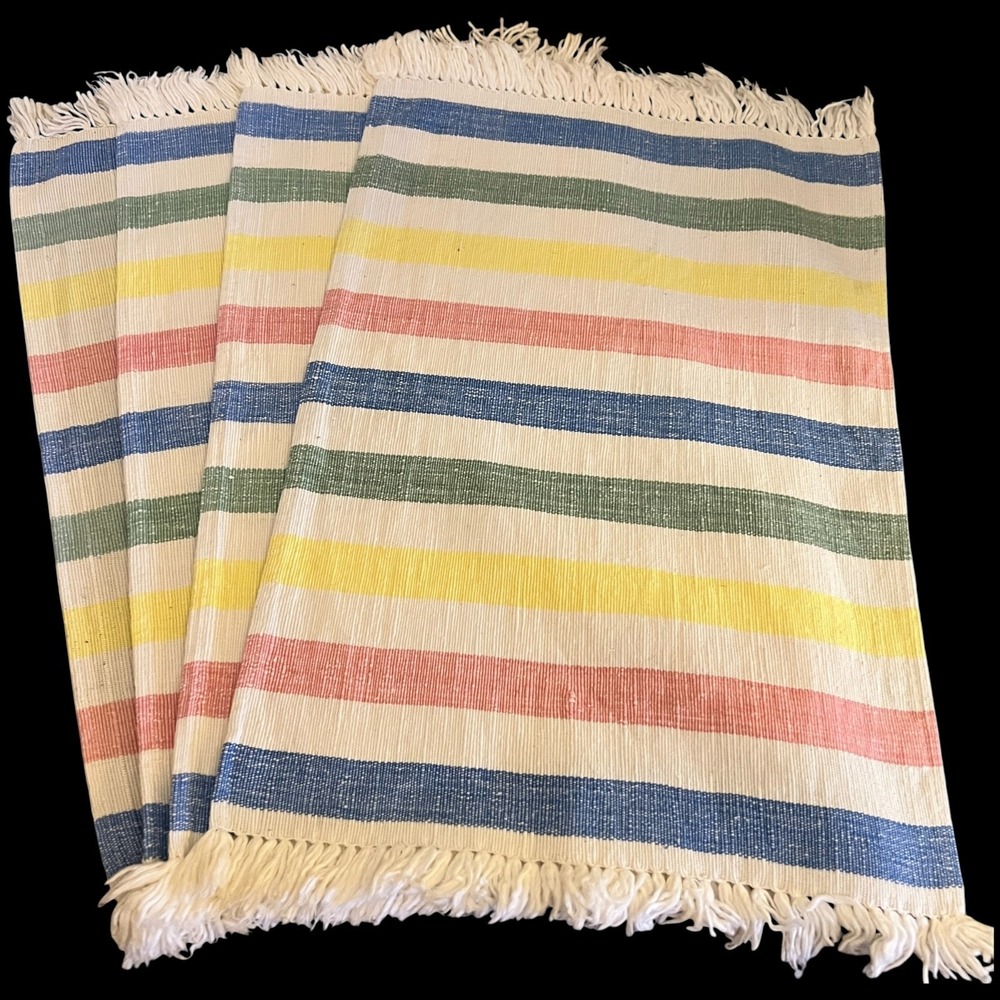 VTG Set of 4 Woven Cotton Placemats Bright Stripes w/Fringe Country Boho Fiesta